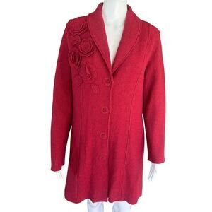 Orvis Wool Coat Womens M Red Floral Applique Boiled Wool Long Jacket Artsy